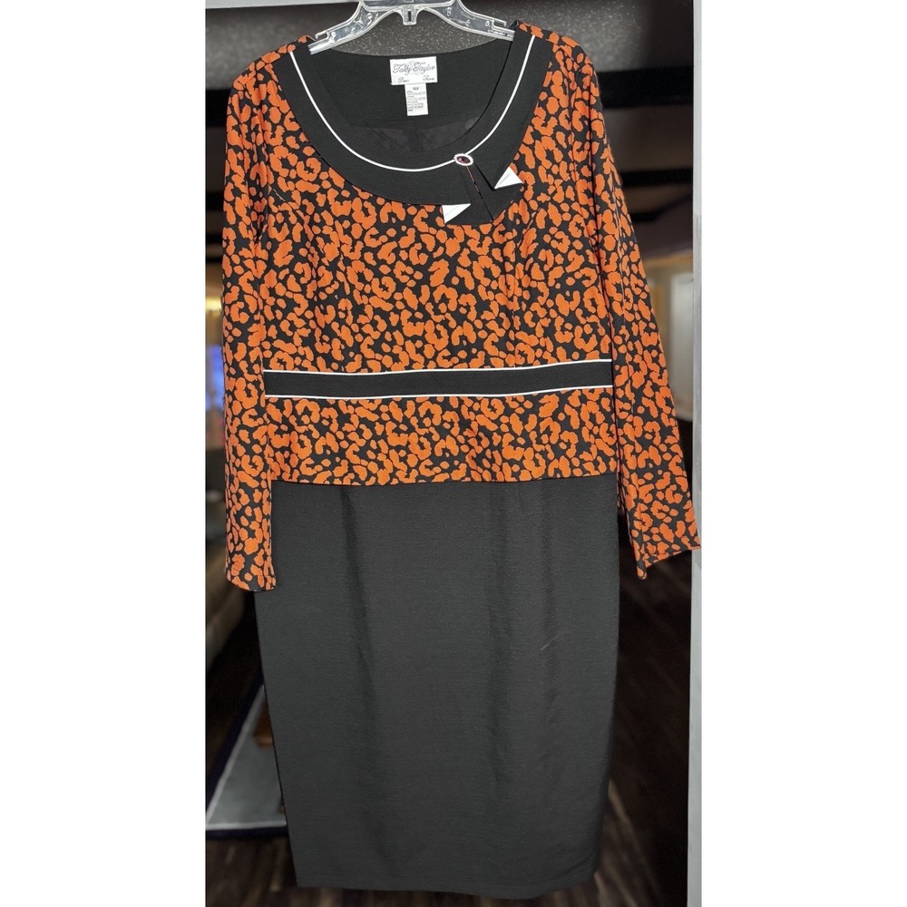 Tally Taylor Leopard Print Dress 16W Plus Size‎ Black Orange Midi 3/4 Sleeve